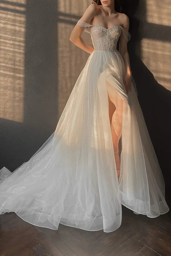 Luolandi A Line Sweetheart Pearl Princess Wedding Dress With Slit Beautiful